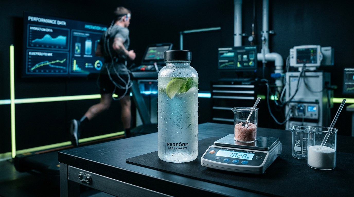 Precision Intra-Workout Hydration Lab Bench with 32oz bottle and 0.01g scale reading 18.28g